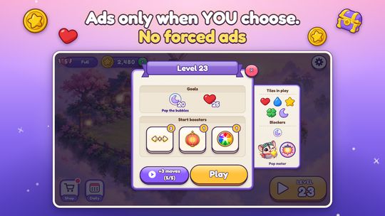 The level start card: an ad plays only when you tap the violet button