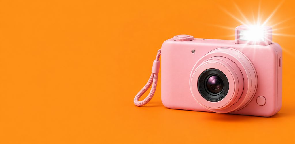 플래시를 터뜨리는 분홍색 디카 · A pink digicam firing its flash