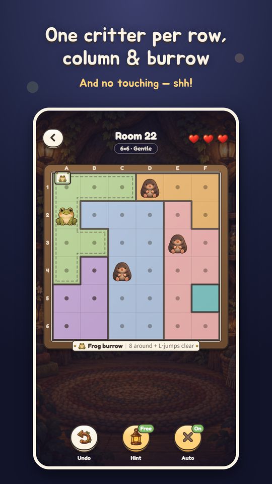 A board: one critter in every row, column and burrow